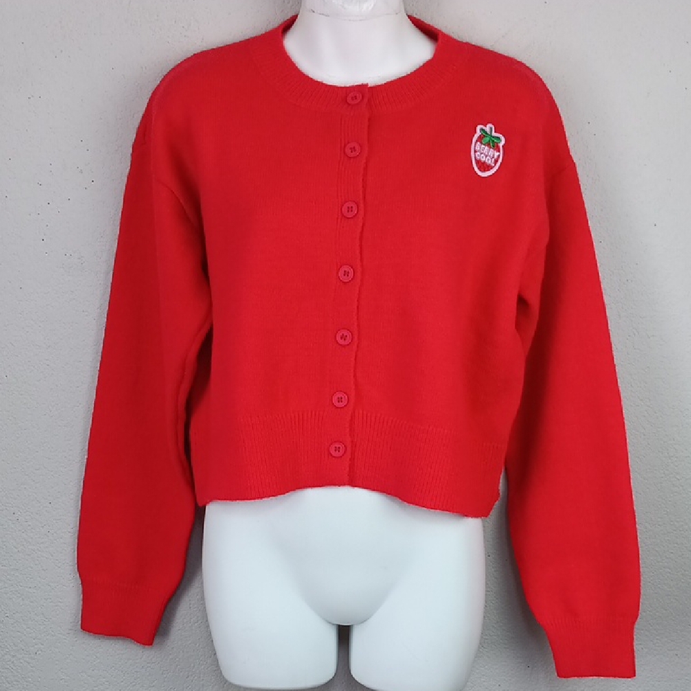 Women's Button Front Red Knit  Cardigan with Strawberry Patch sz L Modest Preppy